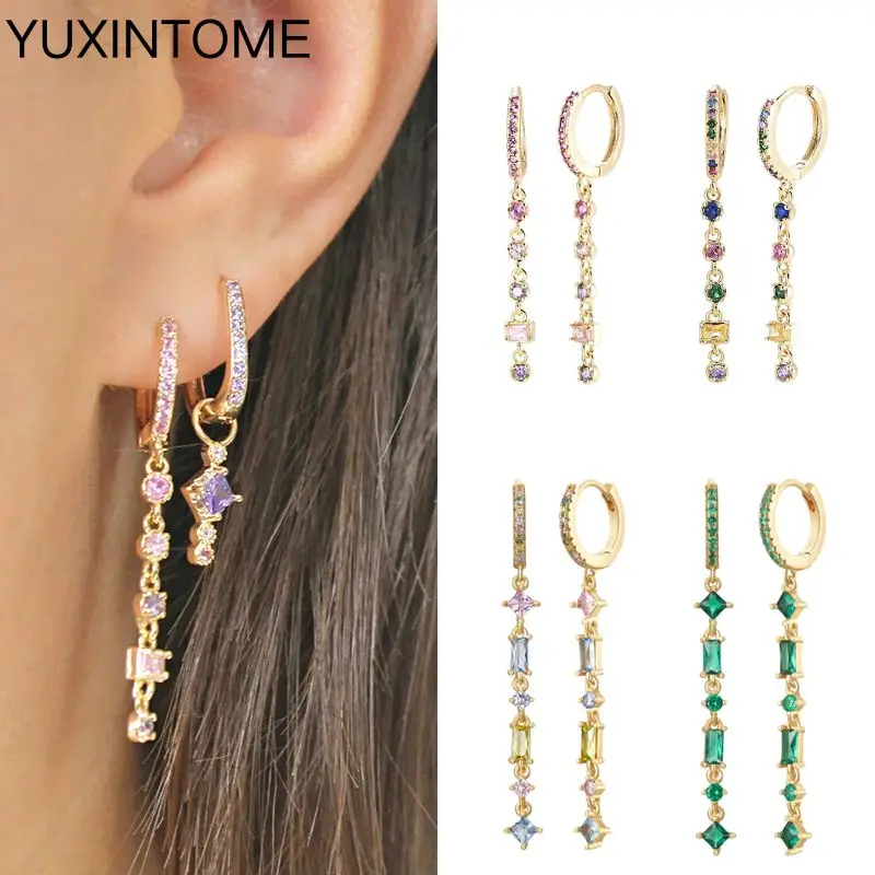 

925 Sterling Silver Needle Colorful Crystal Long Chain Tassel Hoop Earrings For Women Geometry Pendant Earrings Luxury Jewelry