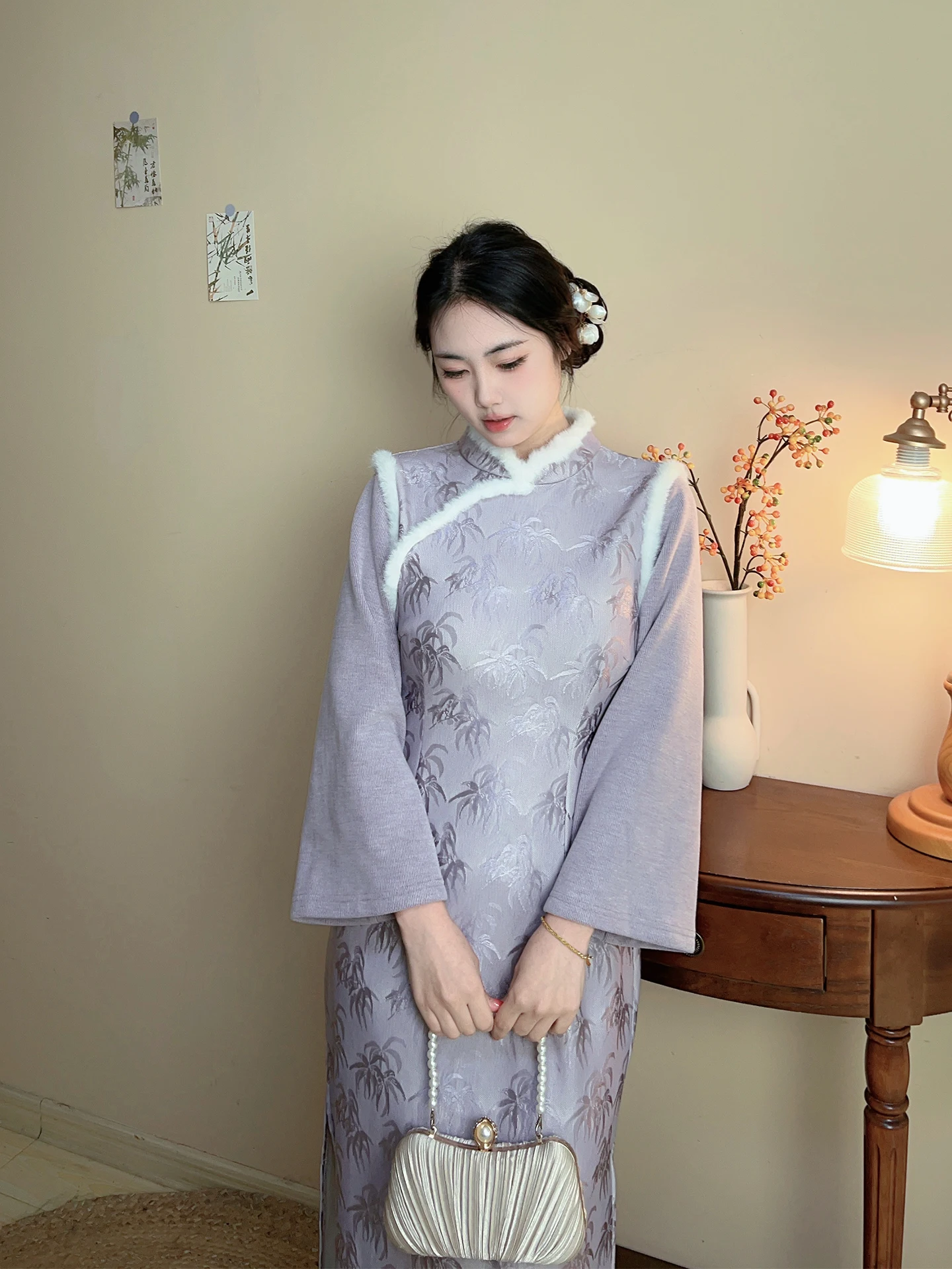 

plus Size Women's Velvet Bamboo Leaf Frock Coat Warmth New Chinese Style Long Dress High Waist Long Sleeve Winter Fashion