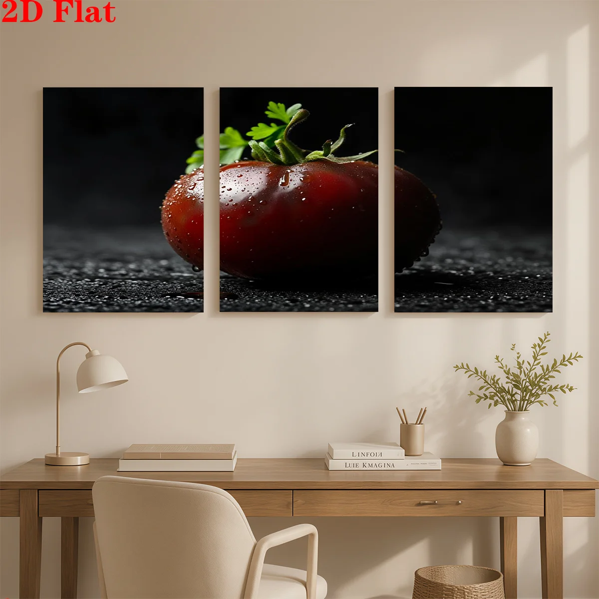 Frameless canvas 2D 3pcs Canvas Art Wall Hanging- A fresh tomato with water drops. Suitable for Decorating Offices, Dining Ro