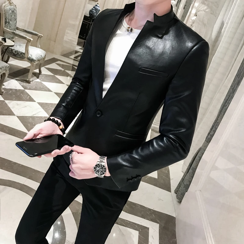 2024 Men\'s Solid Black Slim Suit Jacket High Quality PU Leather Jacket Men\'s Business Casual Prom Blazer Men\'s Korean Blazer