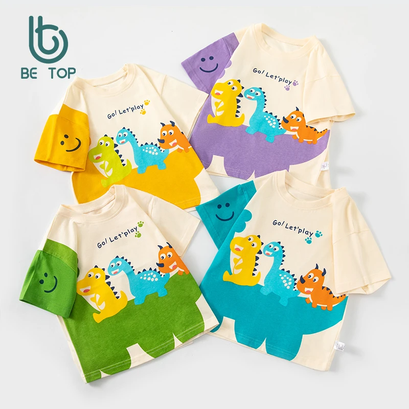 Camiseta de Manga Corta para Niños Betop, Diseño de Dinosaurio de Dibujos Animados, Ropa de Verano, Nueva Moda para Bebés y Niños, Marca de Moda Coreana