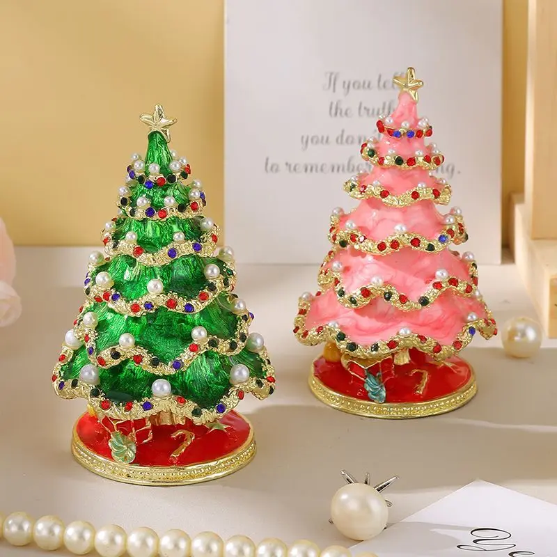 Cloisonné Enamel Christmas Tree Miniature Jewelry Box Vintage Rings Storage Boxes Home Decor Ornaments Festival Birthday Gifts