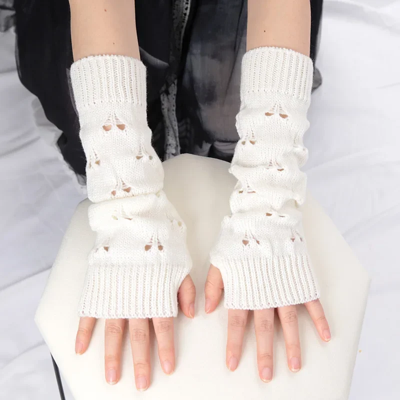 

Women Long Fingerless Soft Gloves Cute Fashion Gloves Gothic Cosplay Y2K Lolita Girl Arm Knitting Hollow Heart Warm Black Mitten