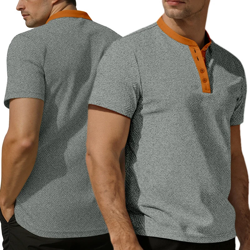 Men's Herringbone Textured Henley T‑Shirt Short Sleeve Contrast Collar 4‑Button Placket Casual Summer Tops