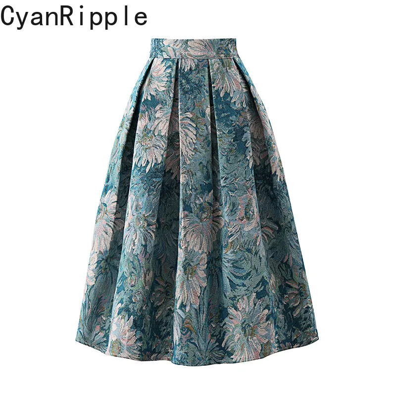 High Quality Hepburn Vintage Oil Painting Women Jacquard Skirt 2026 New Spring Autumn Elegant High Waist Lady Ball Gown Skirts