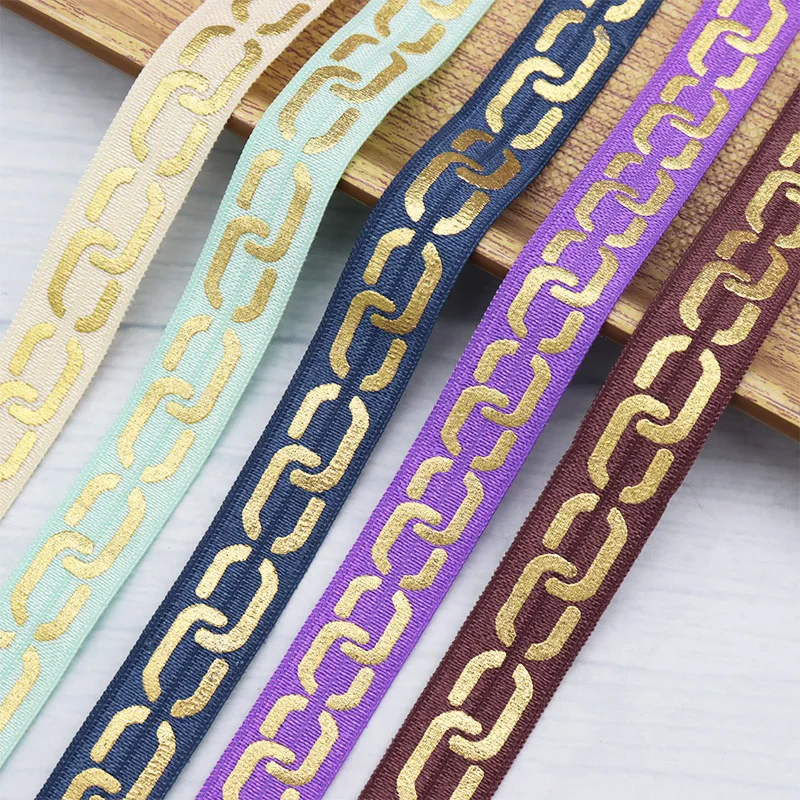 

5/8" 15mm Gold Foil Chain Printed FOE Band Fold Over Elastic Ribbon For Hair Accessories Hair Tie DIY Sewing Supplies