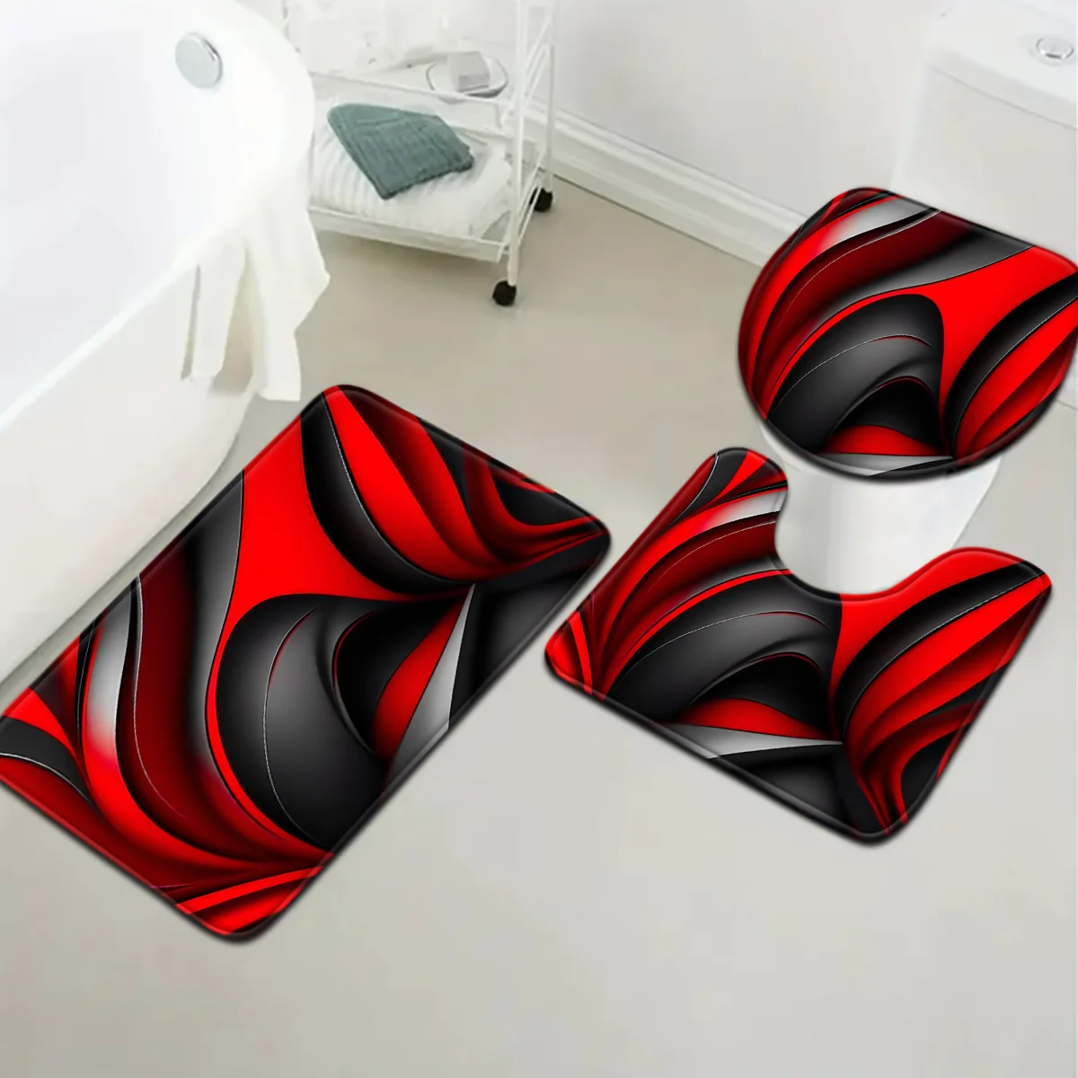3pcs Modern Bath Mat Set - Red & Black Wave Design, Non-Slip Toilet Seat Cover & U-Shaped Rug, Trendy Bathroom Decor