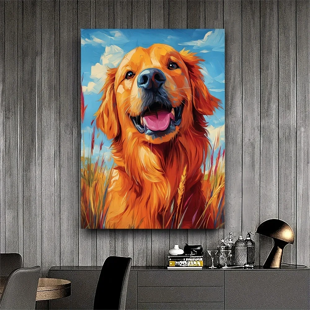 (No frame)1pc, with Frame, 12x16inch [2D Flat]Vibrant Golden Retriever Canvas, Canvas Wall Art Print, Striking Dog Painting,