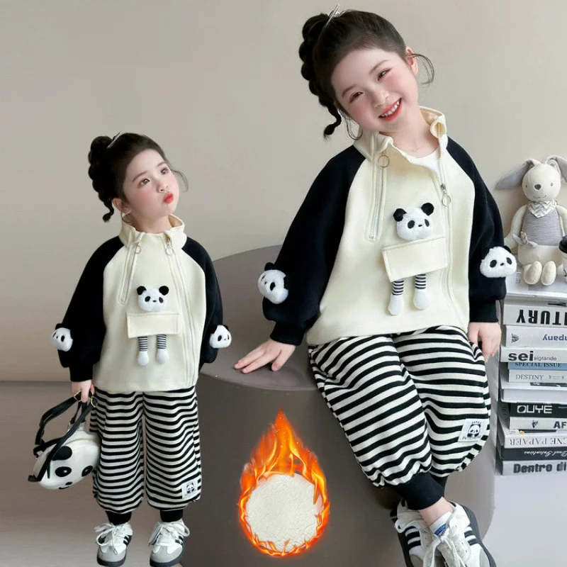 1-10 Years Girls Cartoon Panda 2-Piece Outfit Half Double Zipper Stand Collar Jacket + Striped Pants Winter Fleece Warm Set