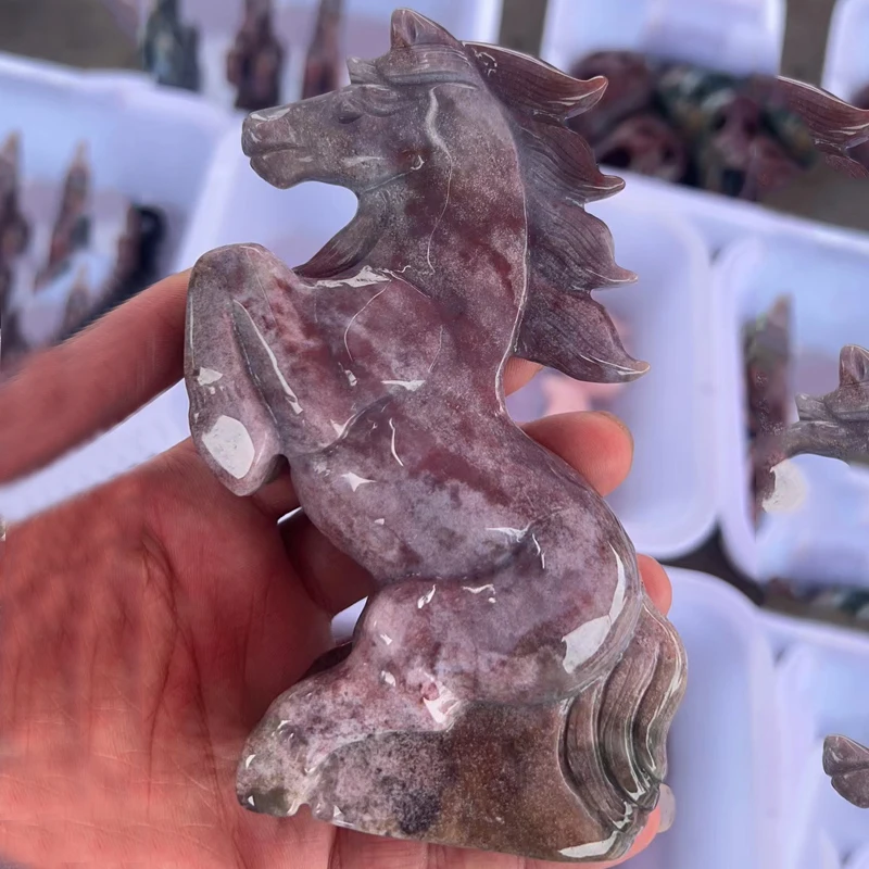 Natural Ocean Jasper Horse Statue Home Decor Colorful Quartz Crystal Gemstone Rock Carved and Polished Harmony Animal Nice Gifts