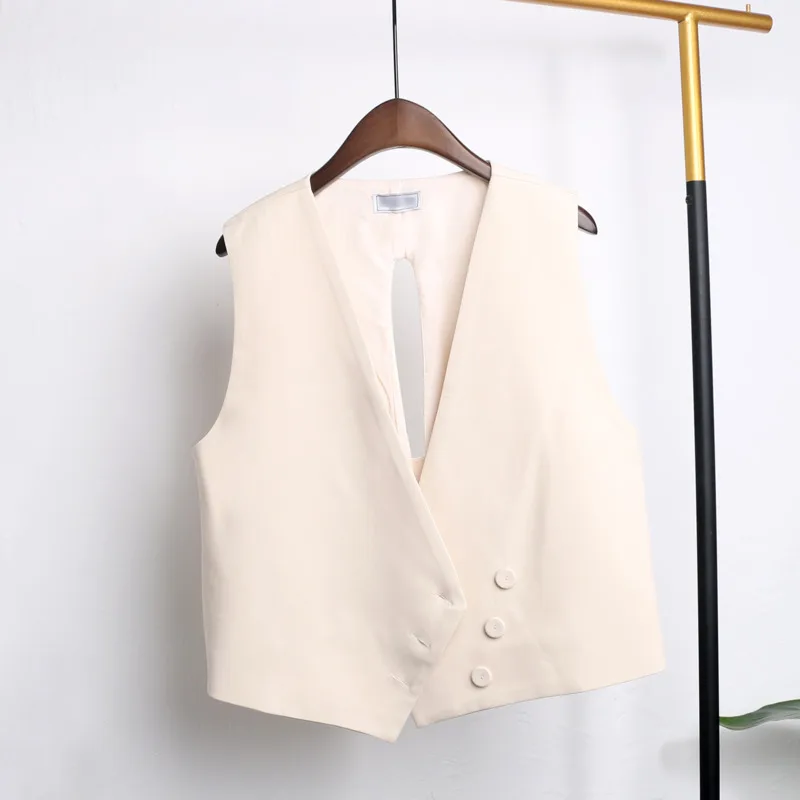 #0717 Black Beige Irregular Vest Coat Women Buttons Office Vest Femme Slim Outerwear Short Vest Coat Female Sleeveless Coat