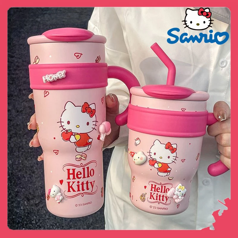 Sanrios Hellokitty Anime Kawaii Ice Cream Cup 316 Stainless Steel Girls Cartoon Straw Insulation Cup Birthday And Christmas Gift