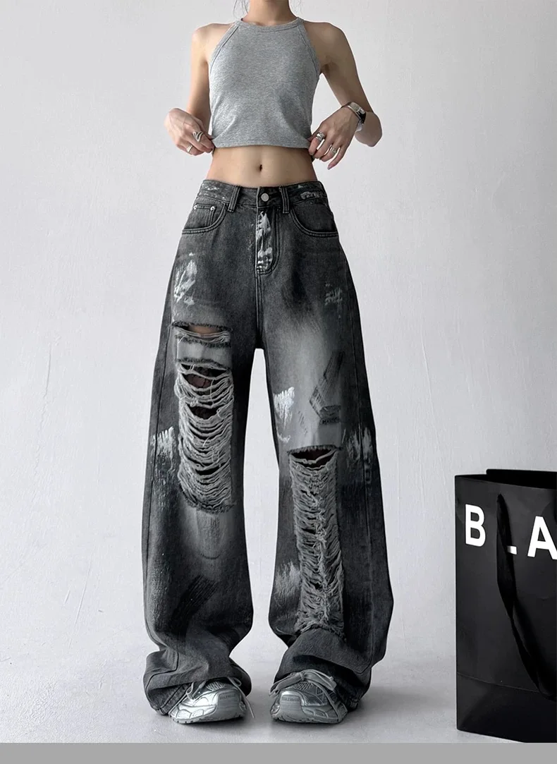 

Women's Black Patch Tie-Dye Ripped Hole-Fried Jeans 2000s American Street Punk Hip-Hop High Waist Loose Jeans Straight Jeans