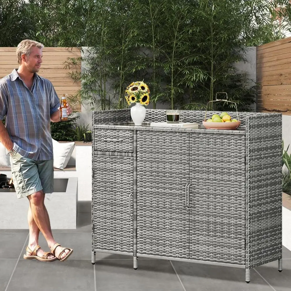 

Grey Outdoor Rolling Bar Cart with Storage, Tempered Glass Top, and Wicker Cabinet for Backyard, Poolside, or Garden