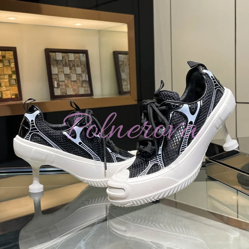 Mesh Stiletto Heels Sneakers Women Spring Summer Comfortable Breathable Lace-Up Sports Casual Single Shoes Zapatillas De Mujer