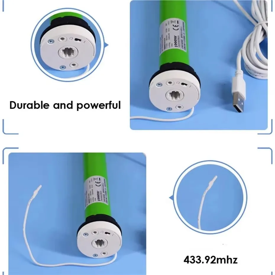DOOYA DM25LEU Rohrmotor, eingebauter Li-Akku, Motor für Rollos, RF433-Emittersteuerung für 38-mm-Rohrhalterungen + Endstopfen