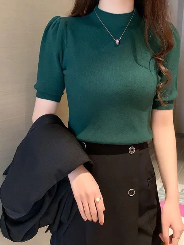 Spring Autumn 2025 Korean Style Slim Fit Knitwear Half High Collar Loose Base Layer Top for Women Breathable Sweat Wicking