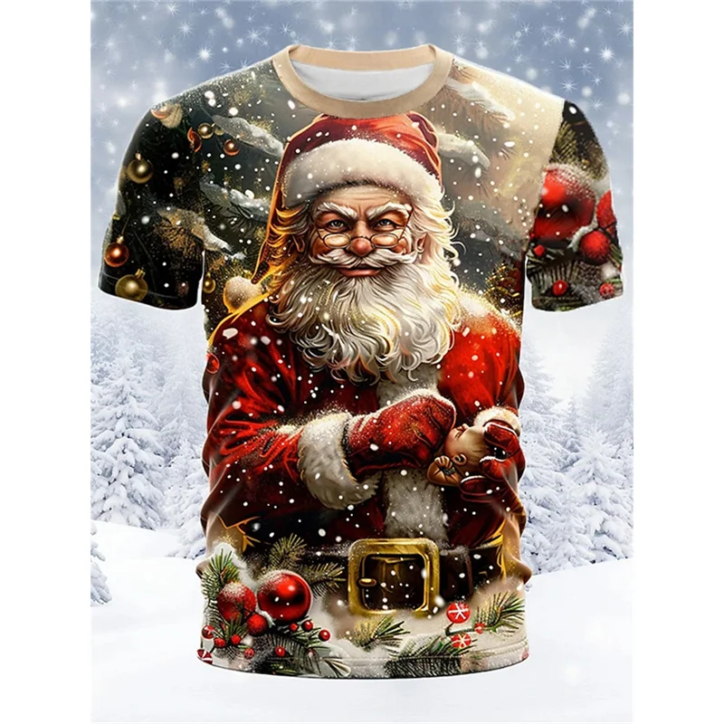 

3D Printed New Year Christmas Party T-Shirt For Men Santa Claus Dog Pattern Tees Summer Loose O-Neck Tops Short Sleeves T Shirts