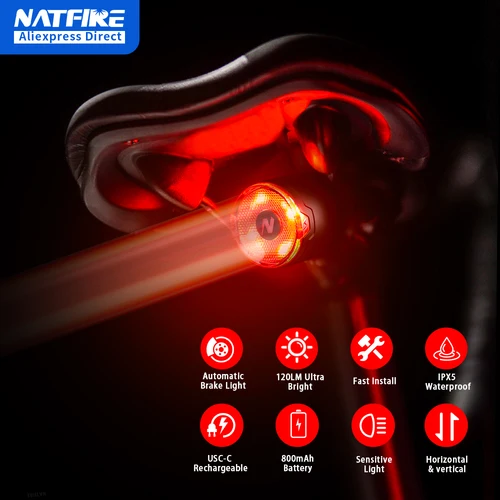 NATFIRE A09 bicicleta inteligente Auto luz de detección de freno USB C carga LED ciclismo luz trasera bicicleta luz trasera advertencia luz trasera de bicicleta