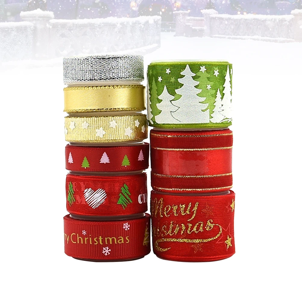 

1 Set Christmas Printing Ribbon Gold Stamping Satin Ribbon Christmas Theme Wrapping Ribbon (Multi-color)