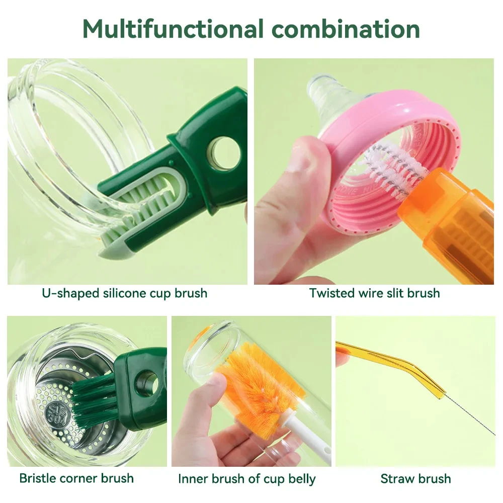 5 In 1 Water Bottle Cleaning Brush Bottle Gap Cleaner Long HandleMug Cup Washing Brush Kitchen Cleaning Tool Kitchen Accessories