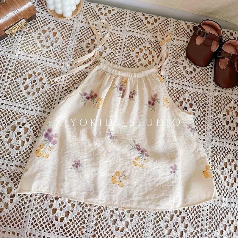 

Топы с лямкой на шее для девочек, новые летние корейские модные милые топы без рукавов с принтом, простые и универсальные топы с лямкой на шее, одежда для девочек