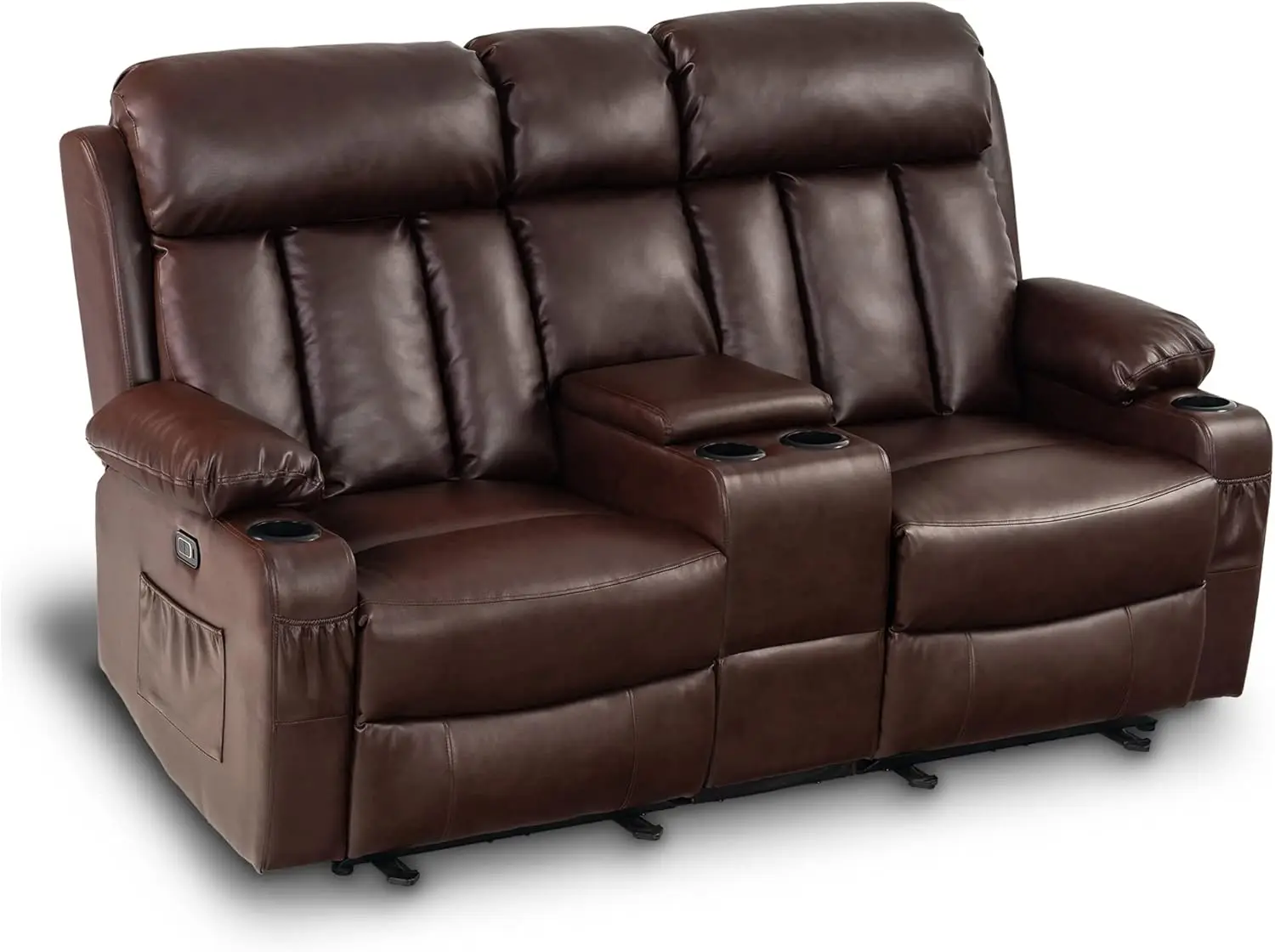 Electric Power Loveseat Recliner Faux Leather Power Reclining Sofa with Heat and Massage USB Ports Cup Holders Dark Brown