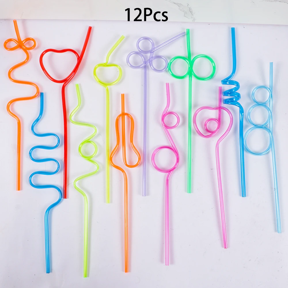 12Pcs Colorful Plastic Crazy Loop Drinking Straws for Birthday Baby Shower Party Tableware Christmas Wedding Party Decoration