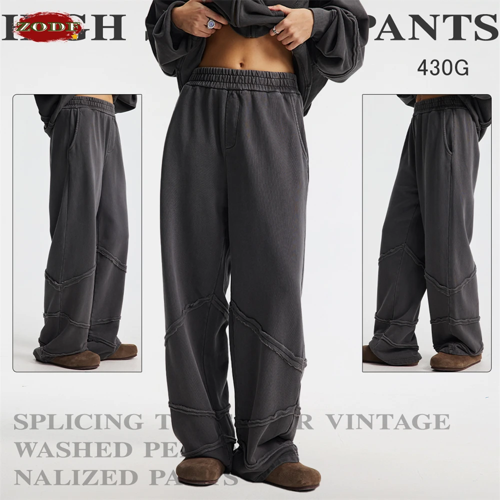 ZODF Retro 2025 Autumn Man 430gsm Washed Cotton Pants Unisex High Street Patchwork Distressed Loose Trousers Sweatpants HY1124