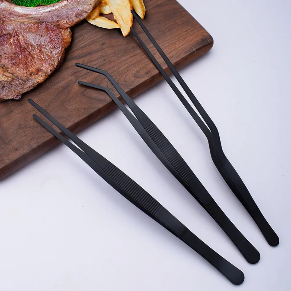 

Steak Clamp Stainless Steel Food Tweezer No Slip Long Handle Barbecue Tongs Black Grill Clip Dessert