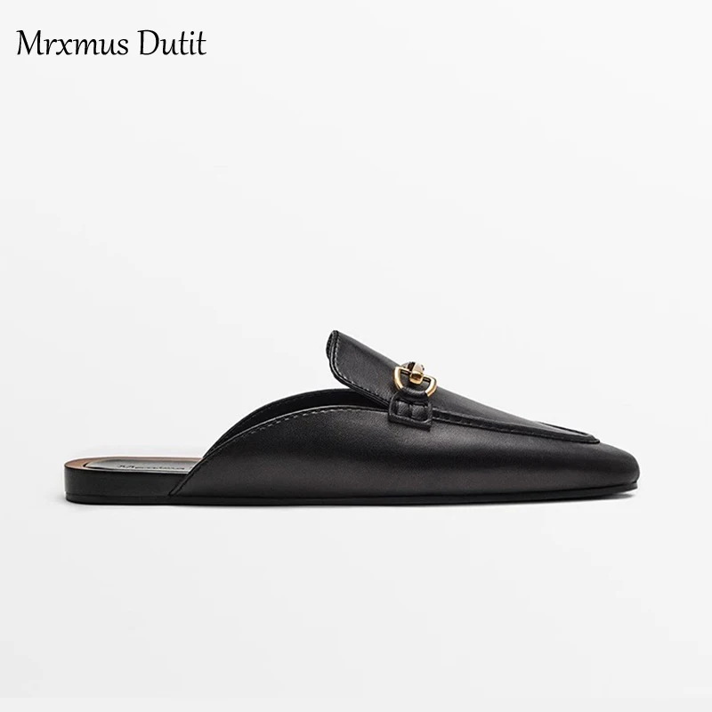 Mrxmus Dutit 2023 Fashion Women New Genuine Leather Shoes Metal Buckle Mules Shoes Casual Wild Simple Sandals Slippers Female