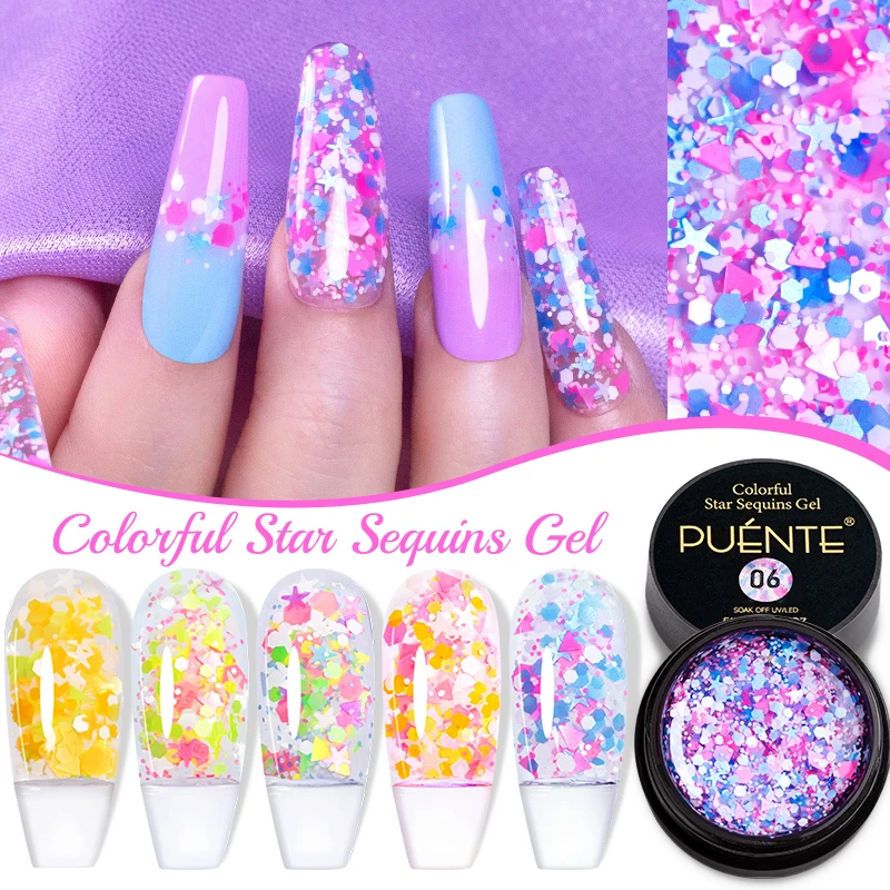 

PUENTE 5ml Colorful Star Sequins Gel Nail Polish Sparkling Glitter Nail Gel For Summer Soak Off UV Nail Art Varnish For Manicure