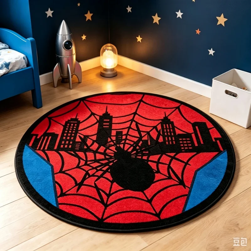 Spider Web Printed Round Rug, Red Black Circular Floor Mat Bedroom Playroom Home Decoration Carpet