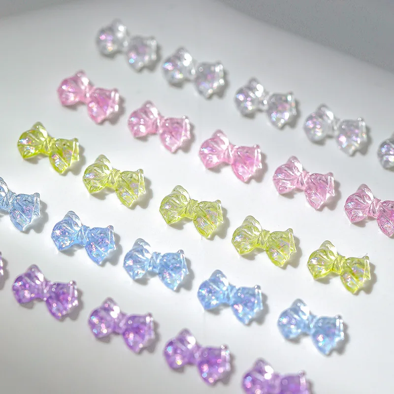 20pcs Summer Nail Art Mini Bow Charms Gems Parts 3D Fine Sparke Colorful Ice Transparent Bow Nail Art Accessories DIY Decoration