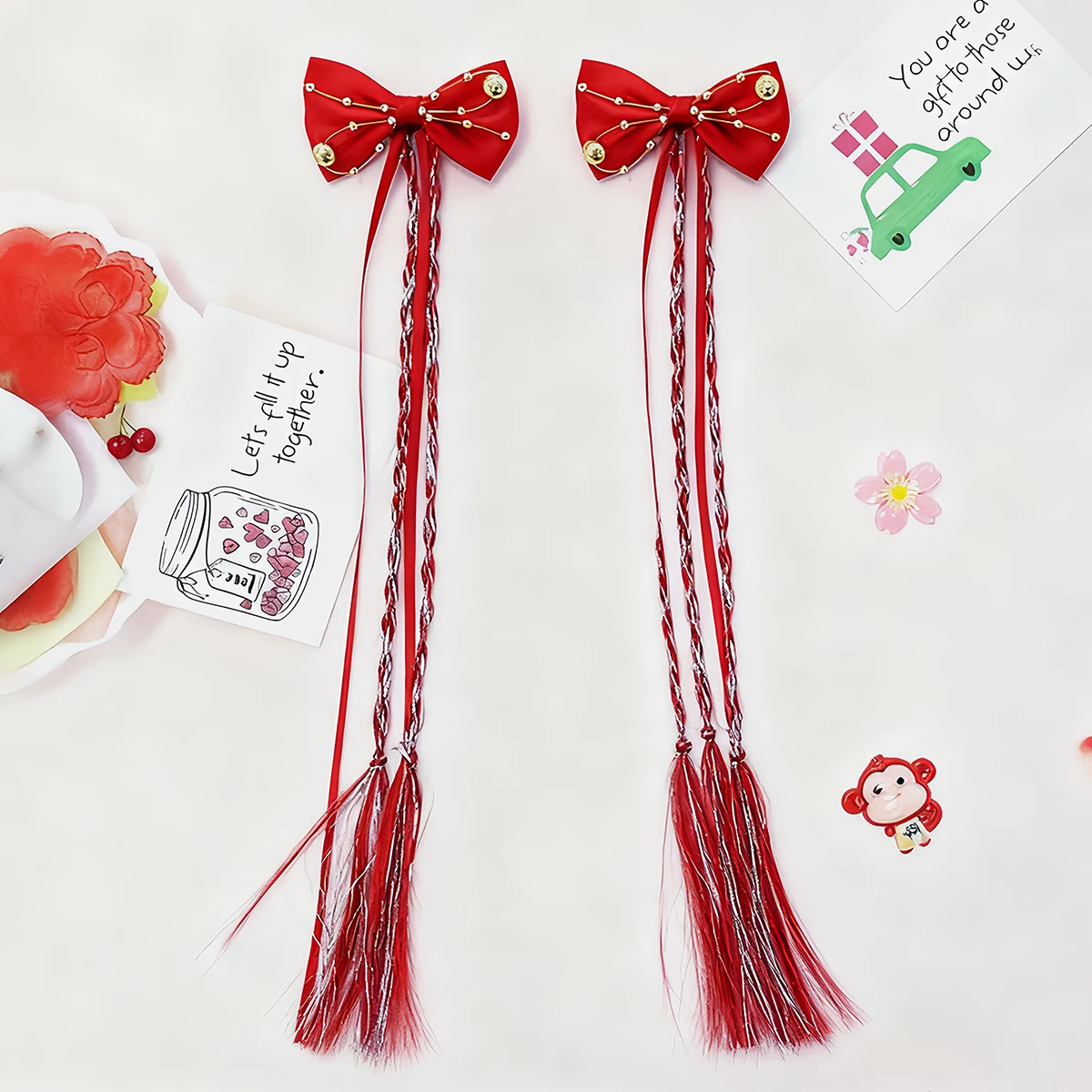 

2шт. Красные рождественские аксессуары для волос, заколки с бантом из ленты, заколки для париков, заколки с бантом из золотых бусин