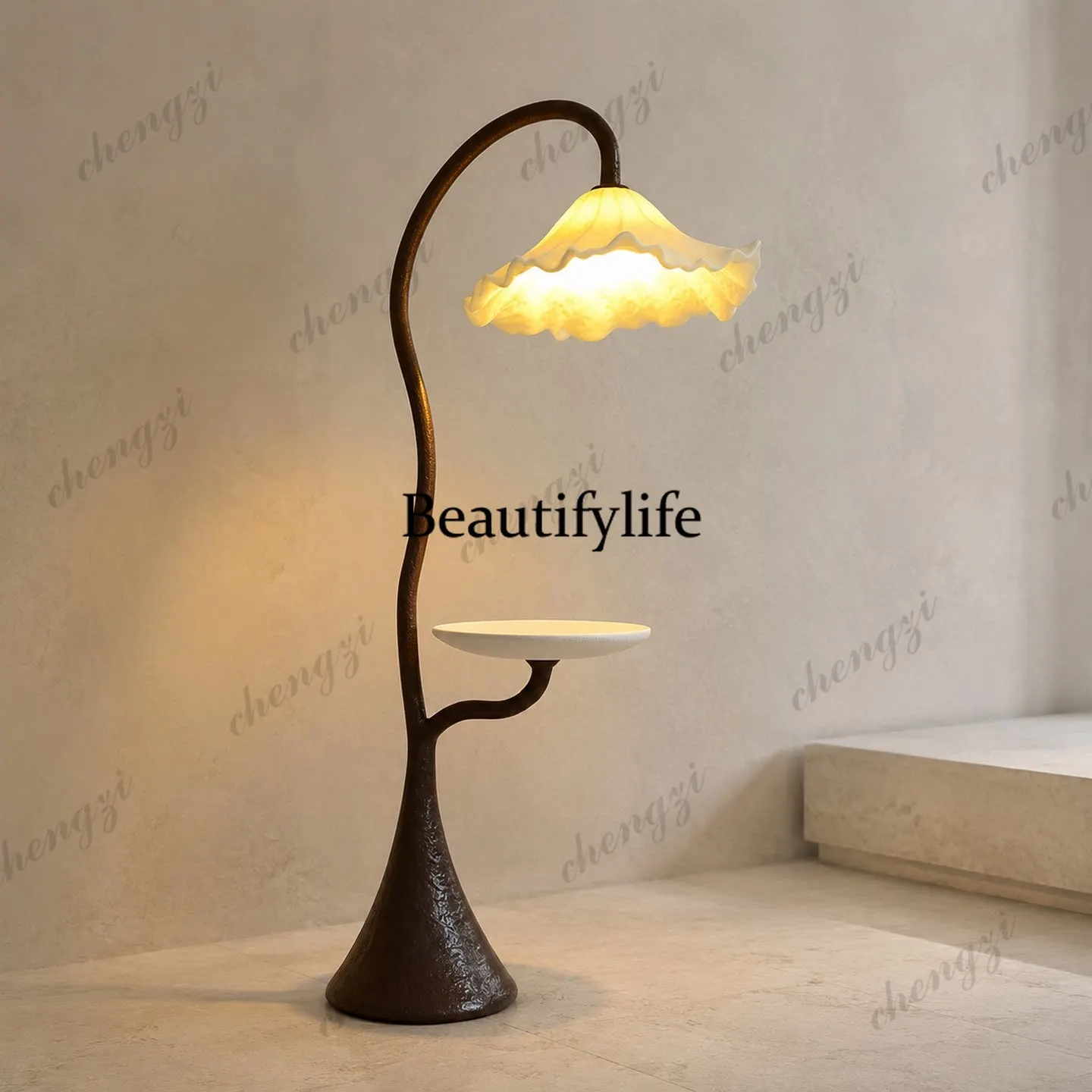 Lotus leaf floor lamp retro art living room bedroom bed and breakfast hotel decorative lamp high-end brown vertical lamp