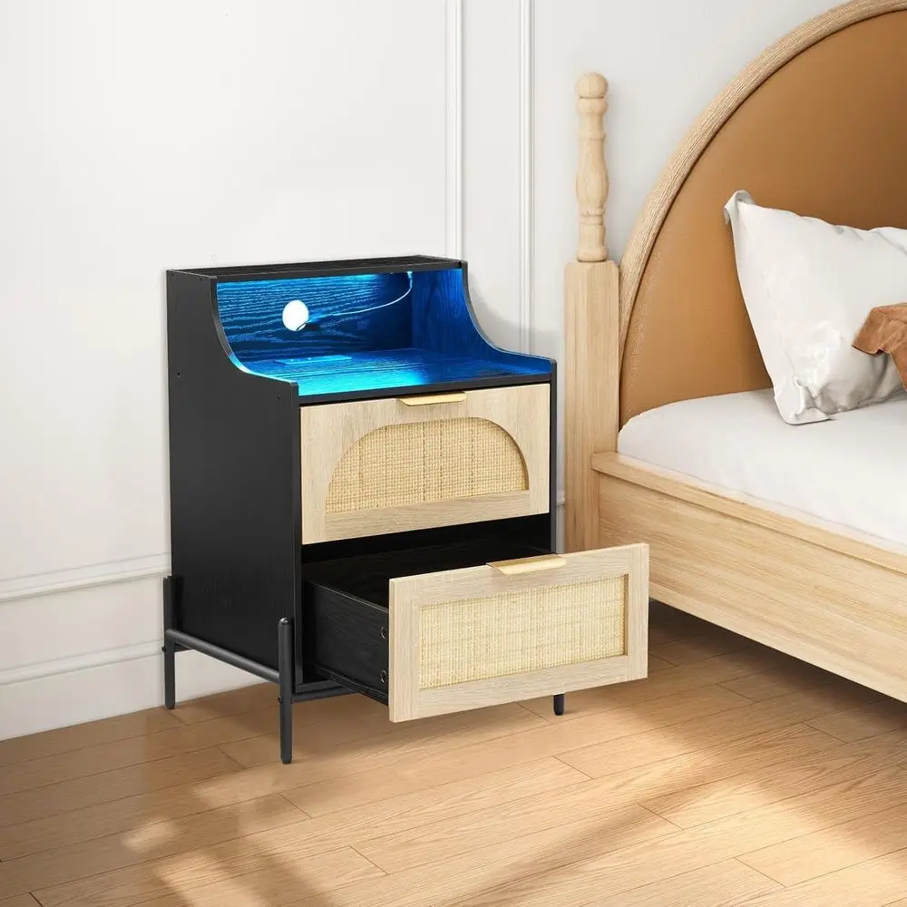 

LED-Illuminated 2-Drawer Nightstand, Charging Station, Ideal for Bedrooms and Compact Spaces in Black