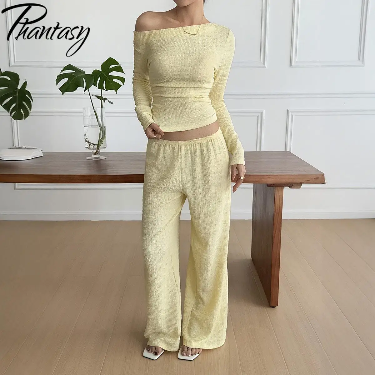 

Phantasy Casual Style Women's Clothing Matching Two-Piece Set Pure Color Long-Sleeved Top and Long Pants Comfortable Clothing