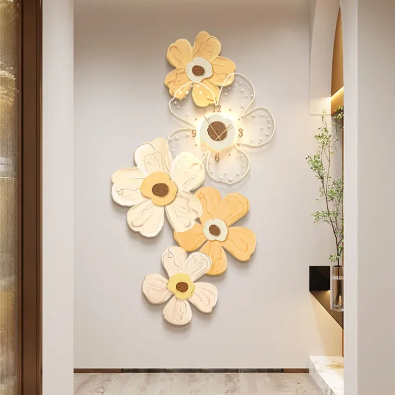 Floral Pattern Wall Clock Cream Aesthetic Silent Quartz Clock as Canvas Painting Decor for Living Room Bedroom