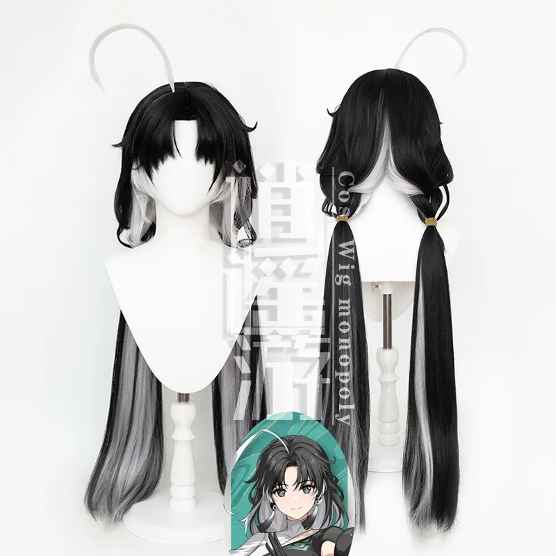 

Wuthering Waves Jianxin Cosplay Wig Earrings 110cm Long Black Twin Ponytails Fengyiquan Huanglong Halloween Party for Women Prop