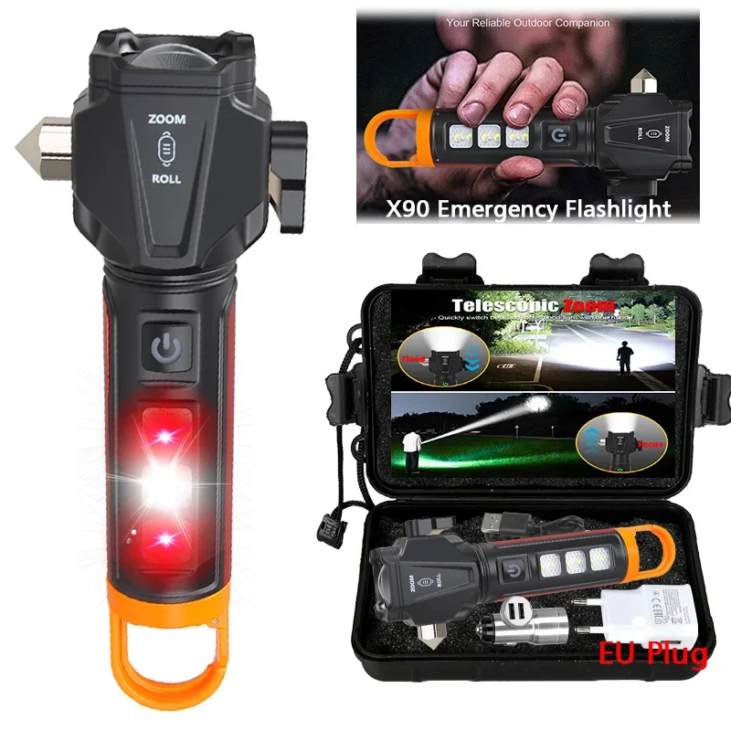 مصباح يدوي 5 في 1 تكتيكا lLED مع مطرقة أمان وقاطع حزام الأمان، ستروب SOS، معدات نجاة قابلة لإعادة الشحن للدفاع عن EDC في الهواء الطلق