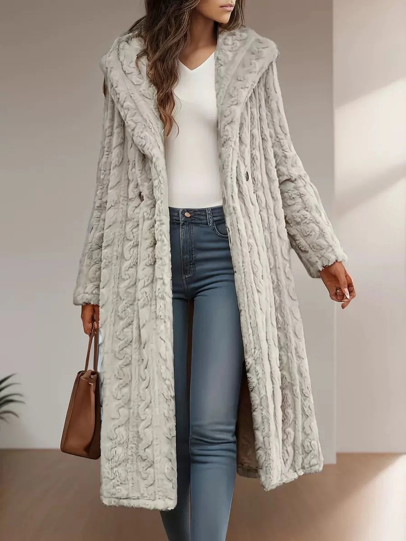 

A new hooded jacket for women's autumn and winter, a long, twisted knitted, soft and plush warm winter coat
