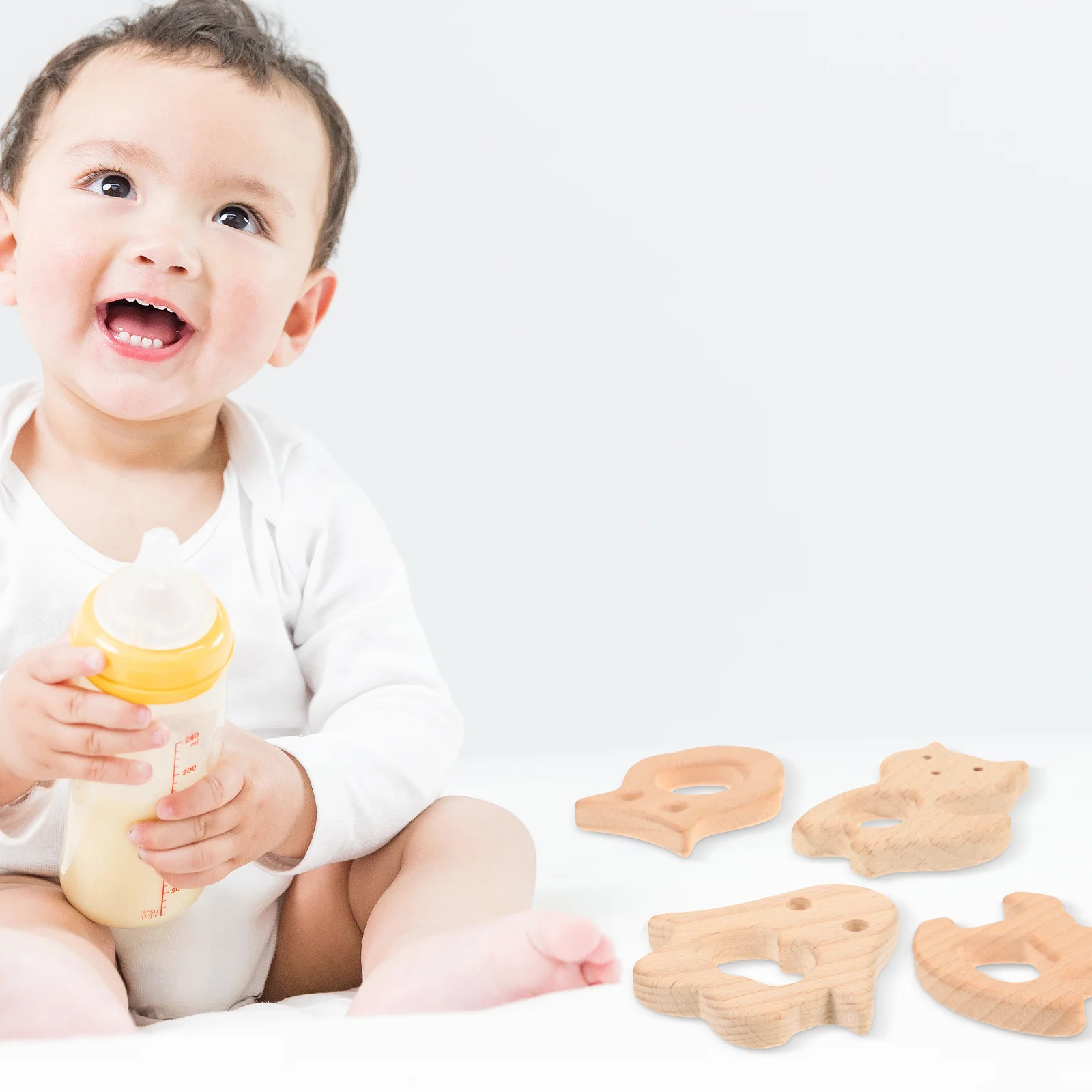 4-teiliges Beißring-Set aus natürlichem Holz, Pinguin, Eule, Katze, Steckpferd, sicher für Babys, Zahnen, Linderungshilfe, geistiges Wachstum