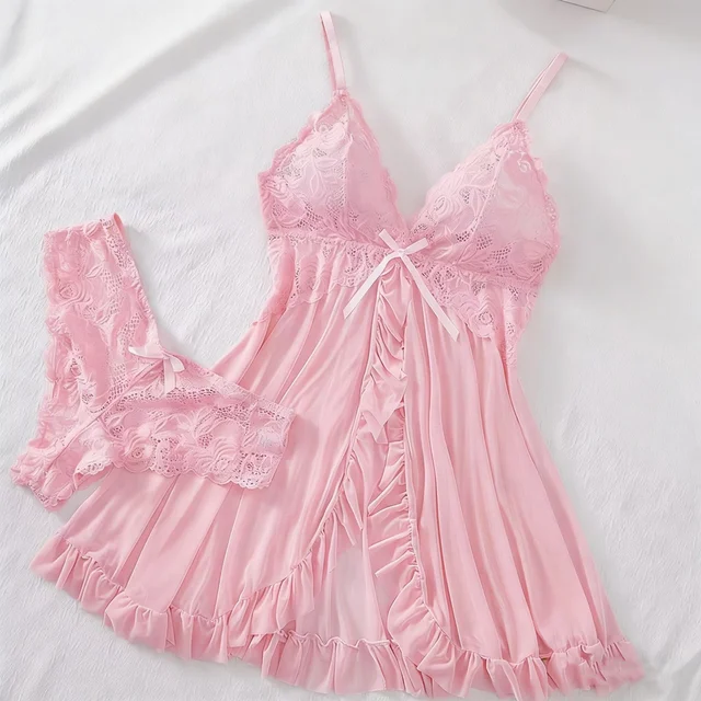 Conjunto de lingerie sexy feminino sutiã erótico camisola sexy renda sleepwear sólido magro vestidos macios com decote em v deslizamento completo sleepwear & vestidos