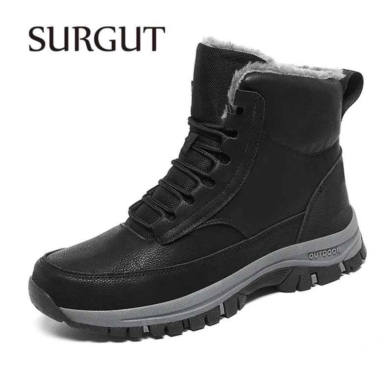 SURGUT Men Ankle Boots Pu Leather Comfortable Breathable Anti-Skid Man Winter Plush Warm Casual Sport Shoes Big Size 39-48