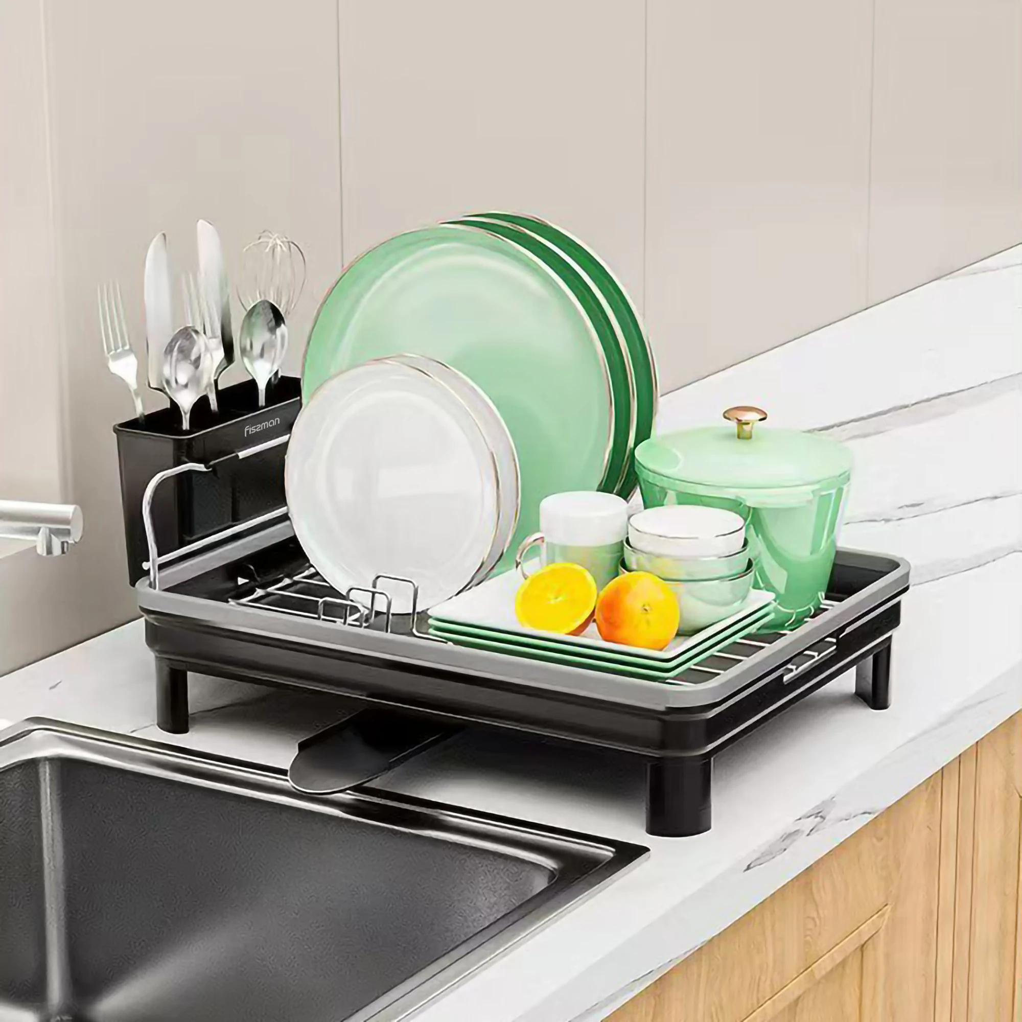 

Сушилка для посуды из нержавеющей стали, 48 см, с сливным поддоном и капельной линией, держатель для чашки, держатель для столовых приборов, кухонная полка для хранения