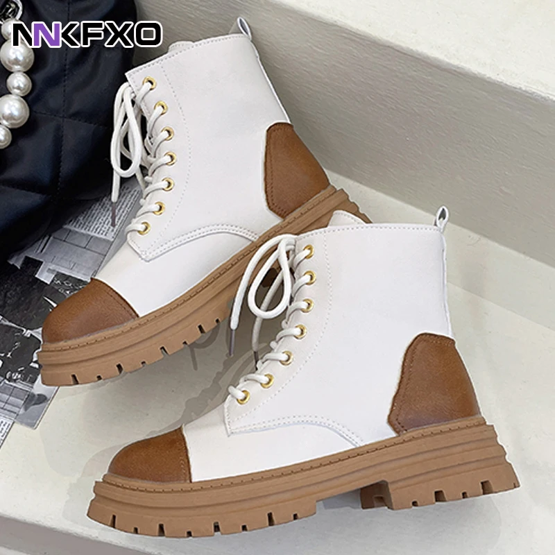 

2023 Women's Elegant Fashion PU Leather Ankel Boot Female Autumn Winter Short Boots New Round Toe Flat Front Lace Up Boots QB454