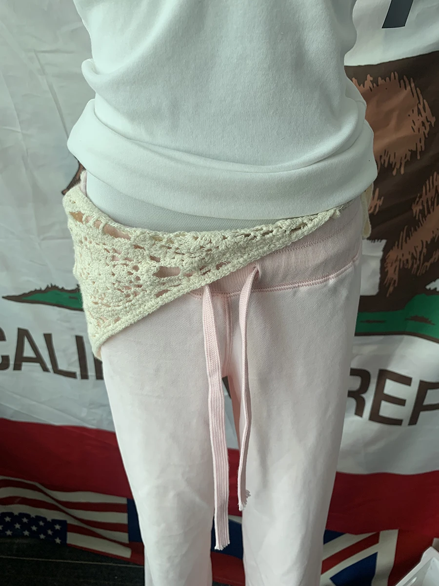 Neue hellrosa Jogginghose mit Kordelzug für Damen, Frühling, roher Saum, niedrige Taille, gerade lange Hose, lässige All-Match-Sporthose aus Baumwolle – Detail 7