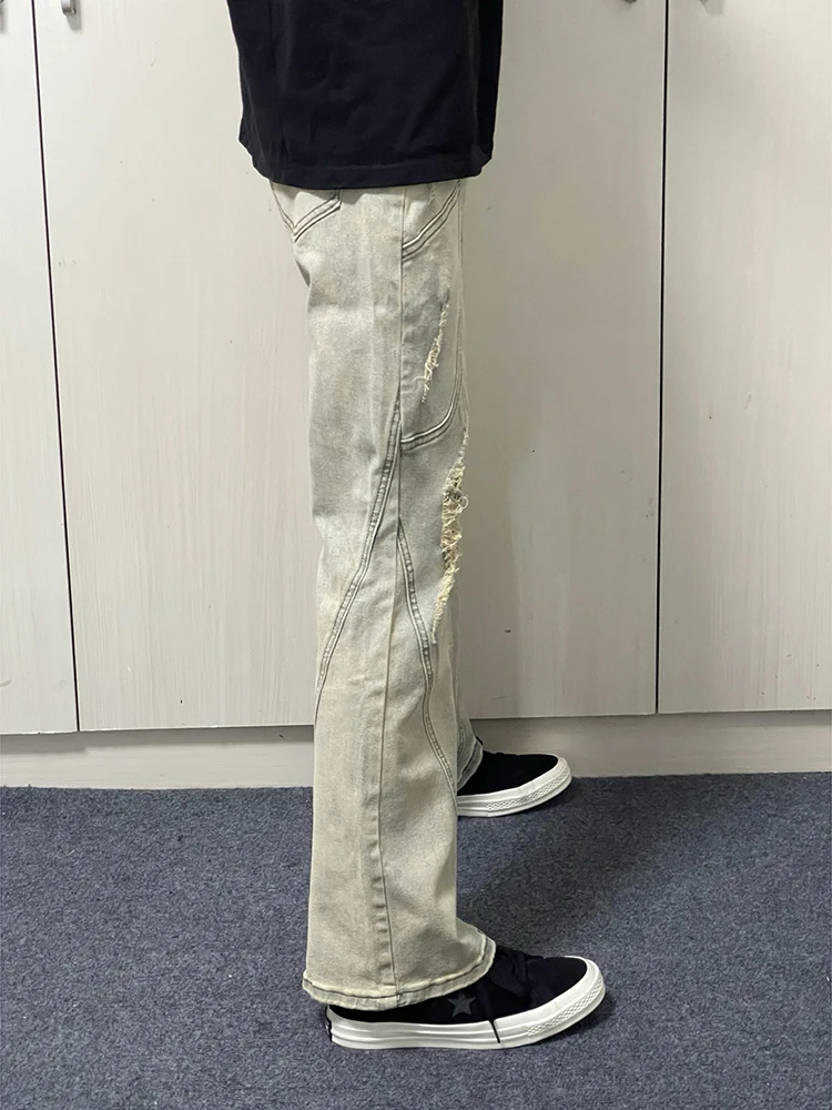 Slimming Yellow Clay Dyed Men's Jeans High Street Style Faded Distressed Straight Leg Denim Trousers with Cuffed Flares