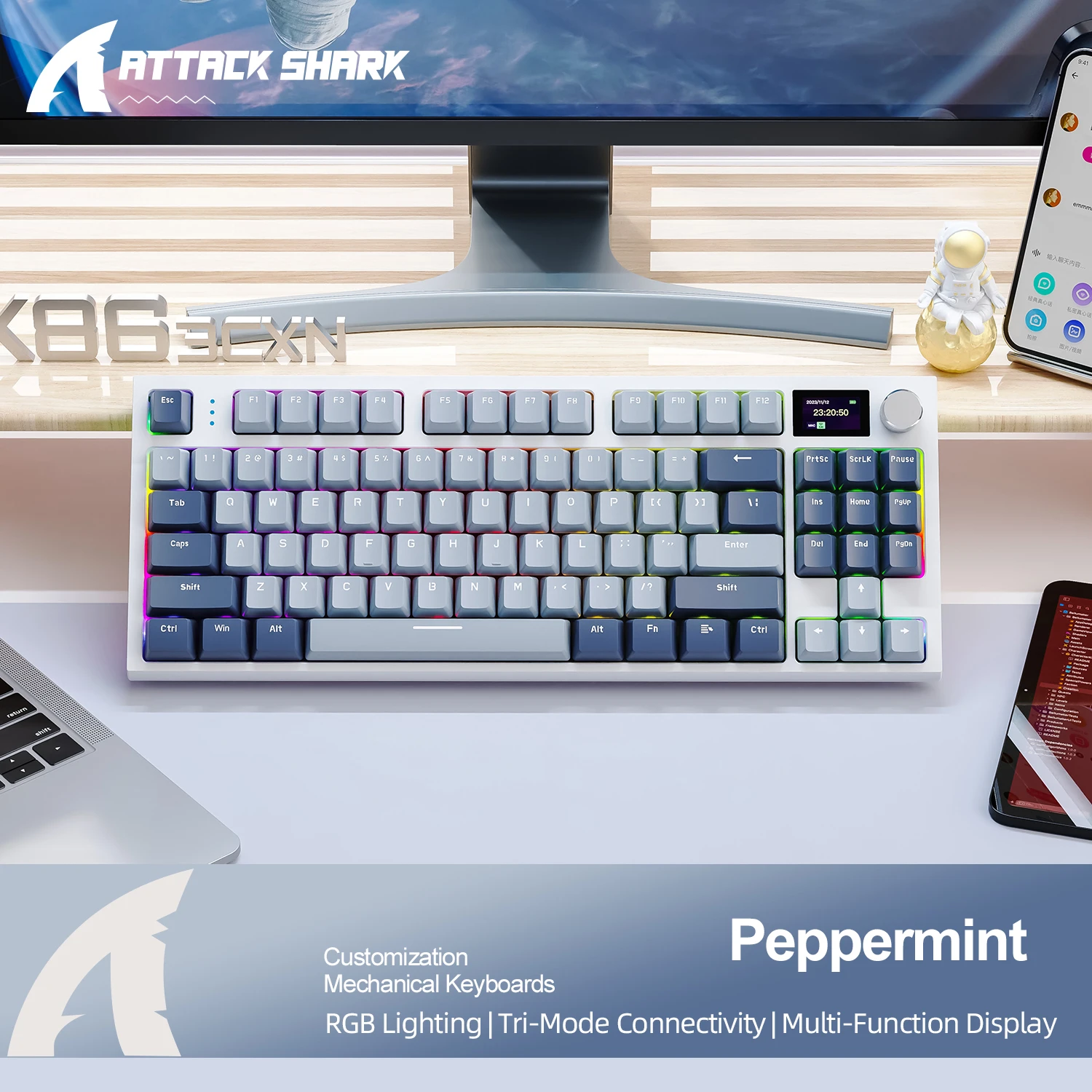 

Attack Shark K86 Wireless Custom Mechanical Keyboard TFT Display Metal Knob RGB Backlit Hot Swappable Bluetooth Gaming Office